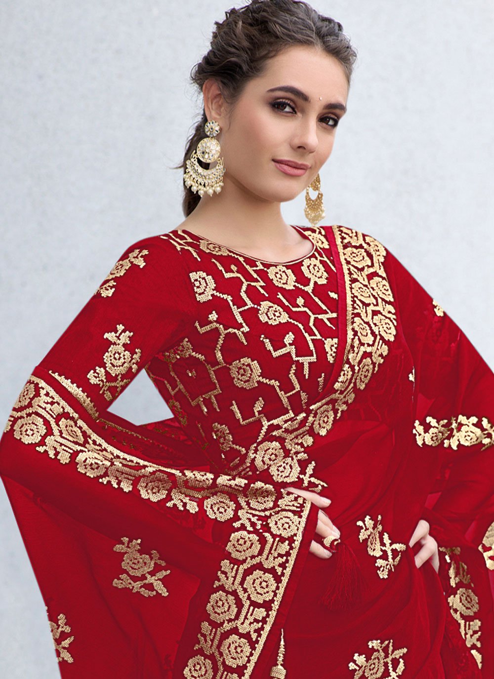 Contemporary Shimmer Red Embroidered Saree