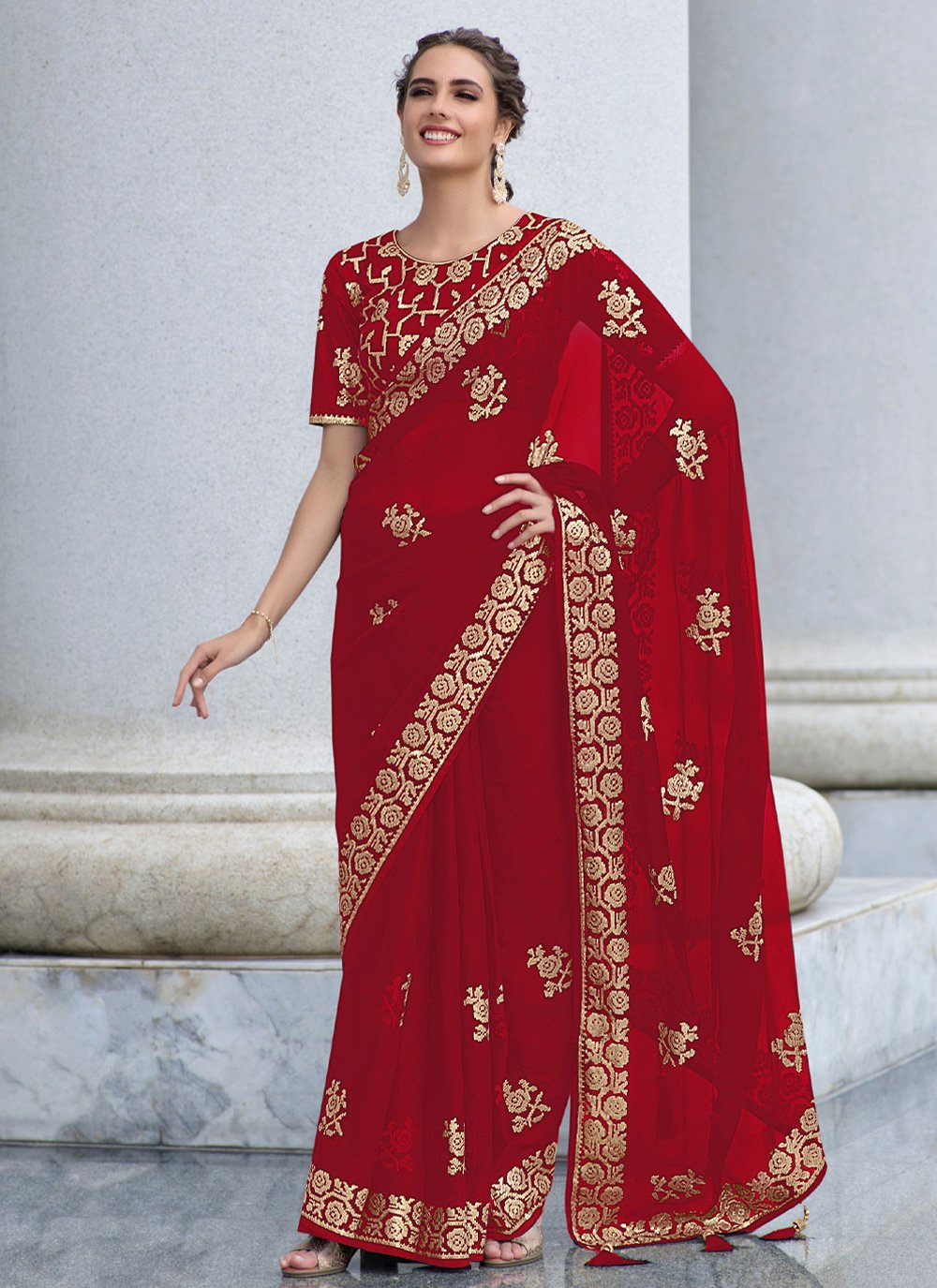 Contemporary Shimmer Red Embroidered Saree