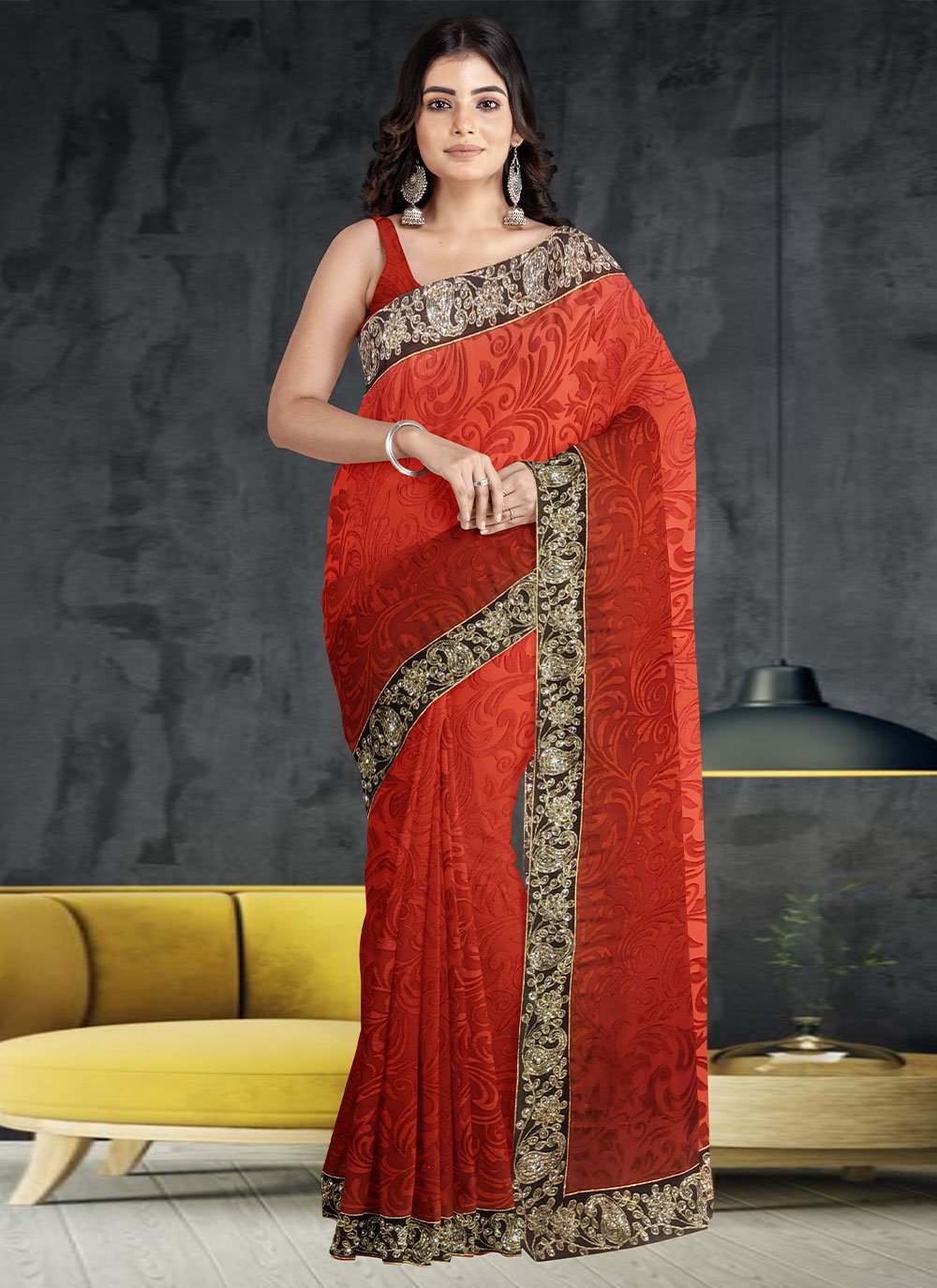 Contemporary Brasso Georgette Red Hand Work Saree