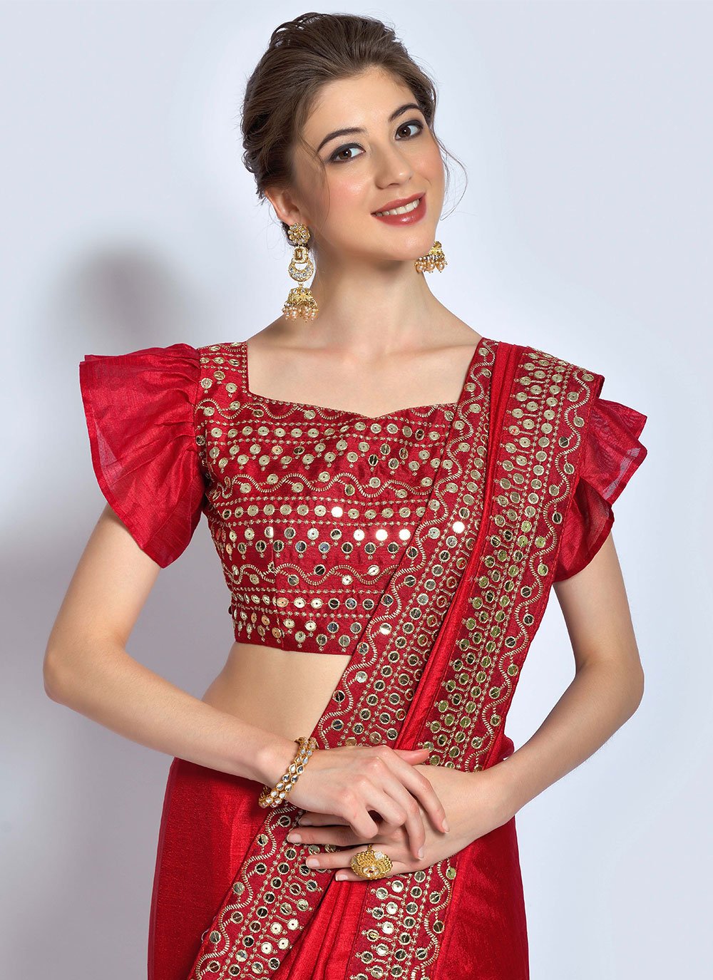 Contemporary Vichitra Silk Red Embroidered Saree