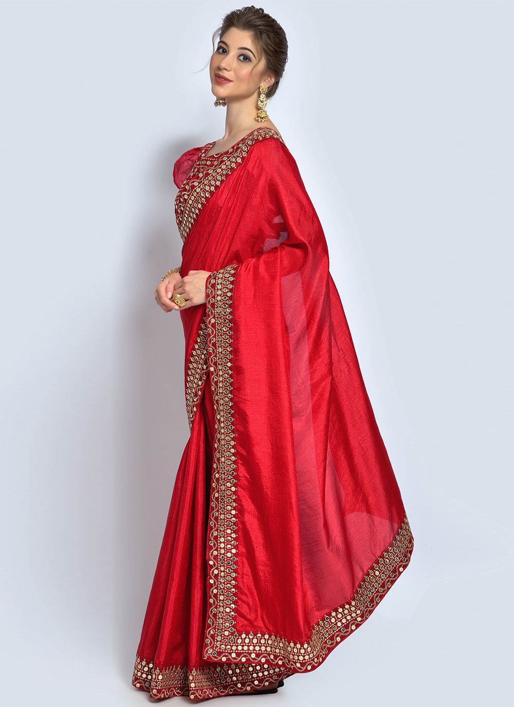 Contemporary Vichitra Silk Red Embroidered Saree