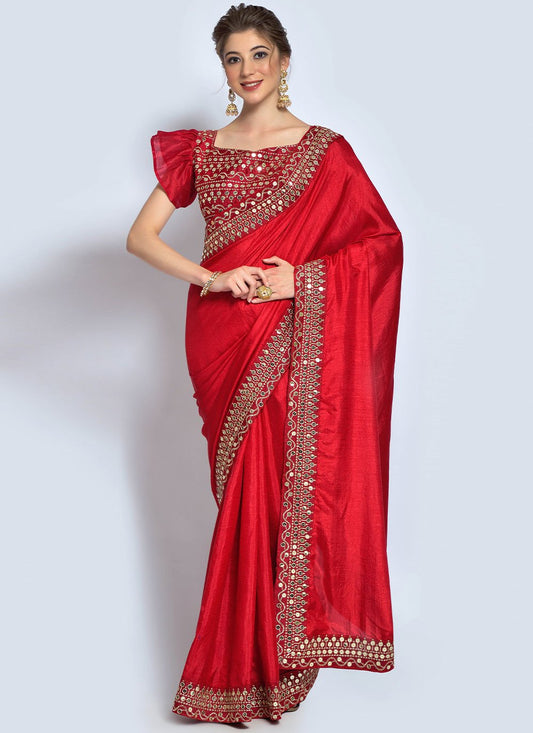Contemporary Vichitra Silk Red Embroidered Saree