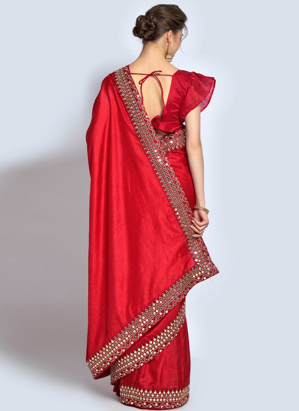 Contemporary Vichitra Silk Red Embroidered Saree