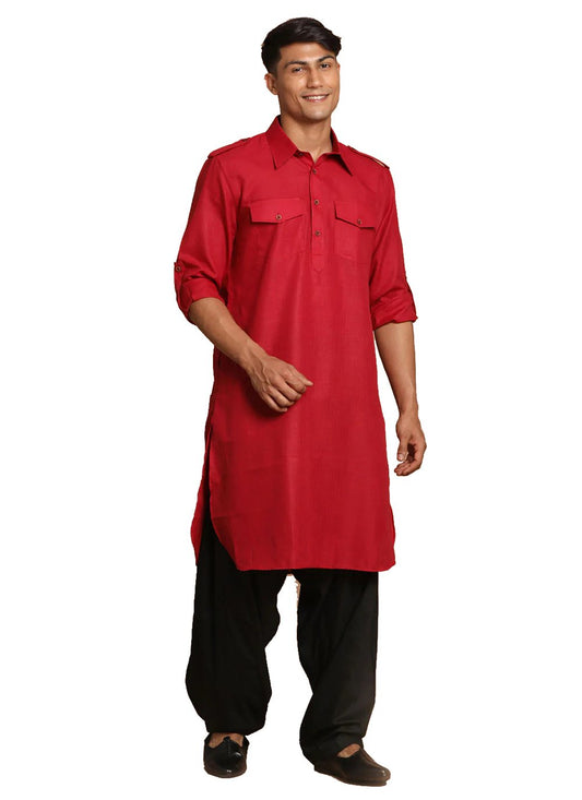Kurta Pyjama Cotton Red Plain Mens