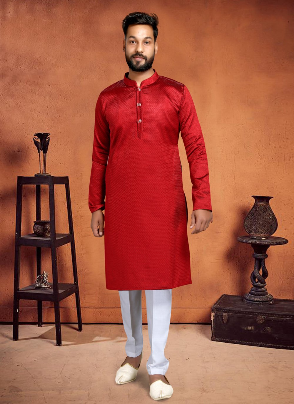 Kurta Pyjama Cotton Red Plain Mens