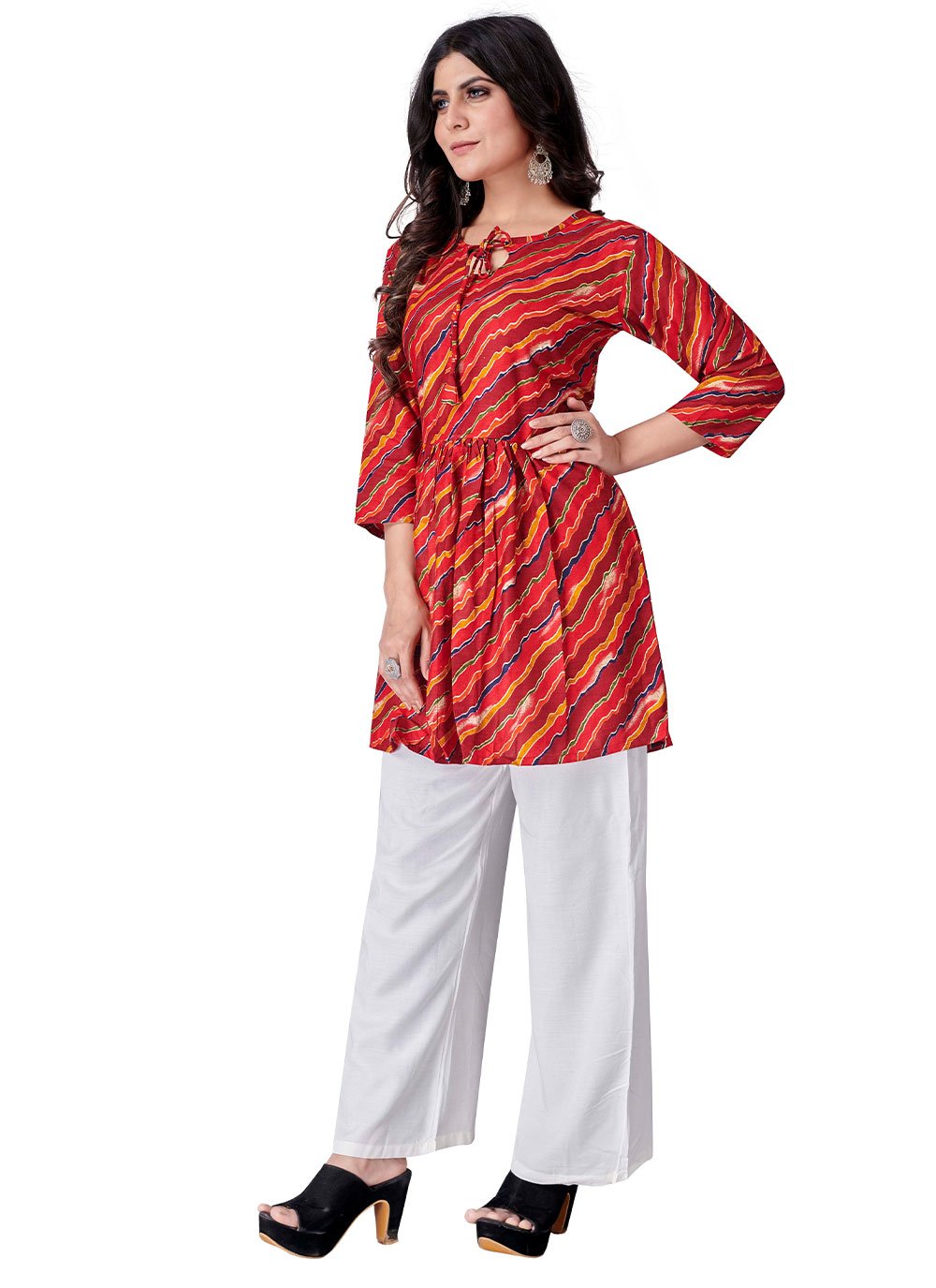 Party Wear Kurti Cotton Rayon Red Foil Print Kurtis