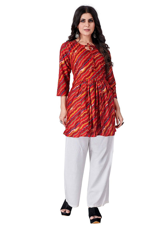 Party Wear Kurti Cotton Rayon Red Foil Print Kurtis