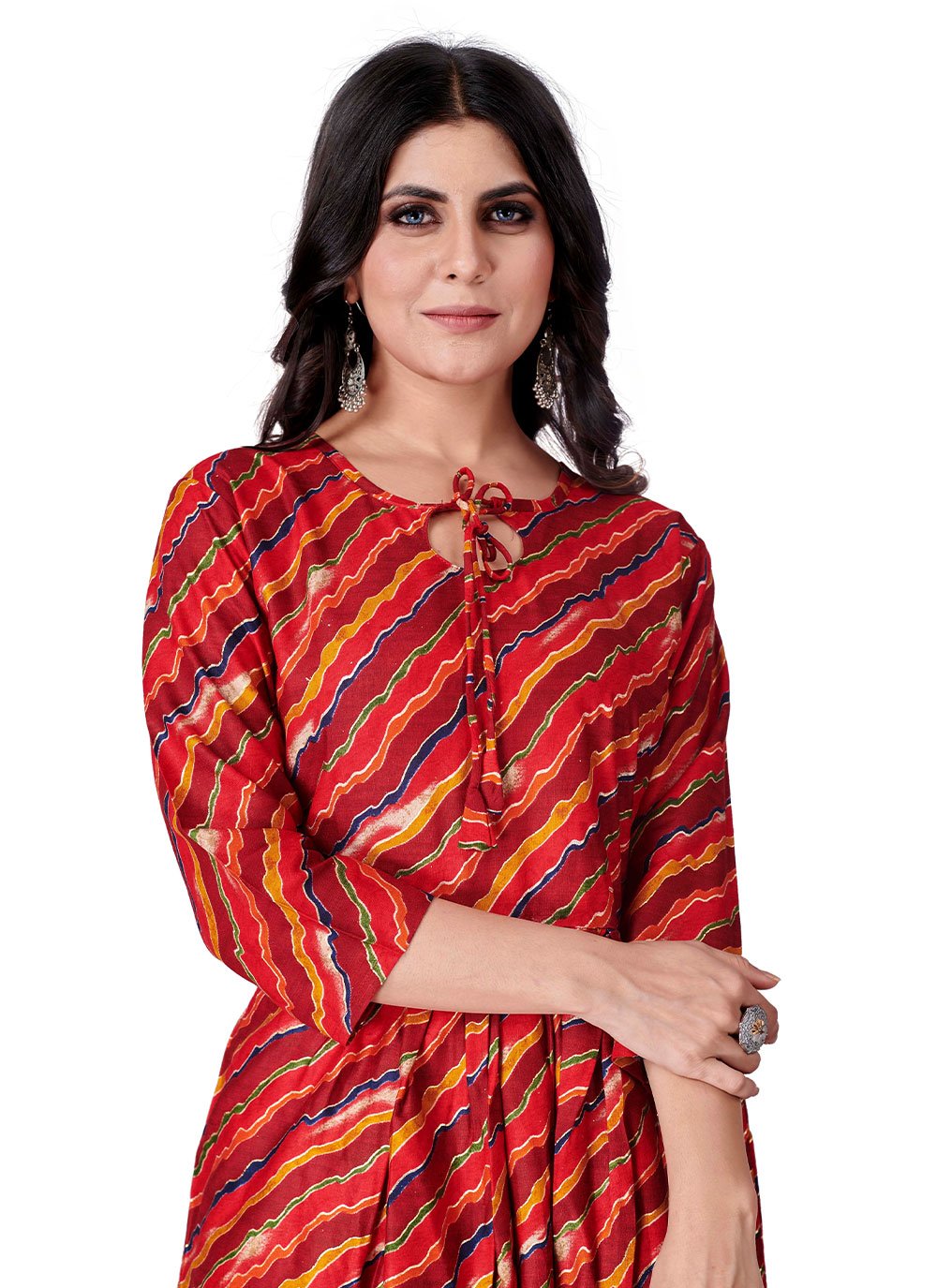 Party Wear Kurti Cotton Rayon Red Foil Print Kurtis