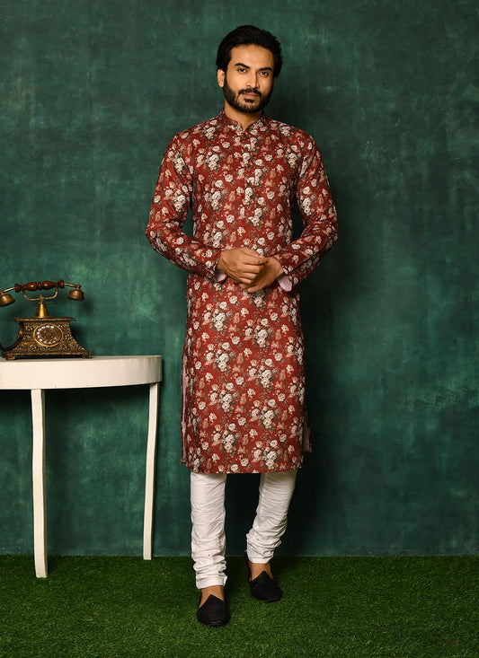 Kurta Pyjama Cotton Red Print Mens