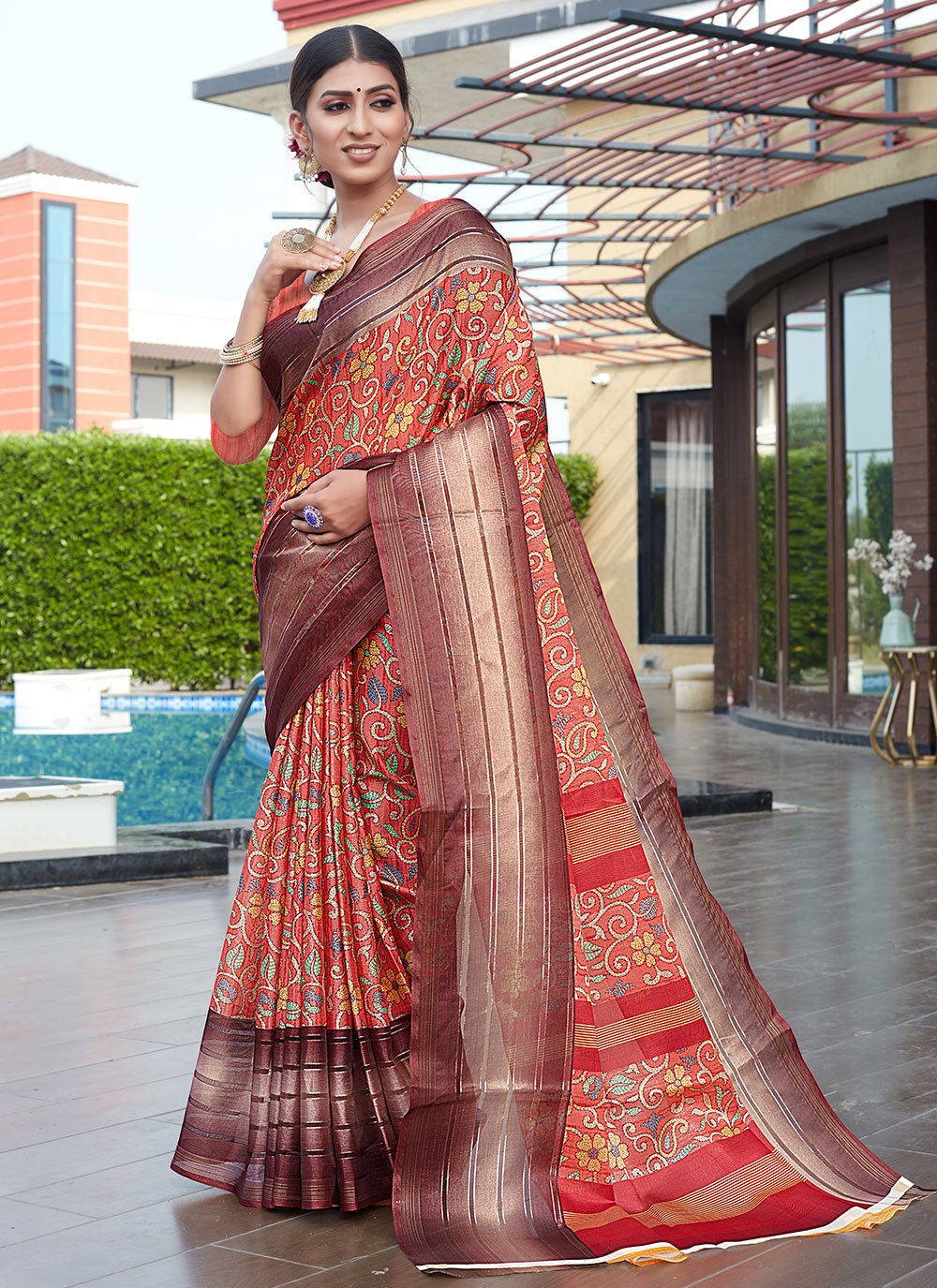 Contemporary Cotton Silk Red Digital Print Saree