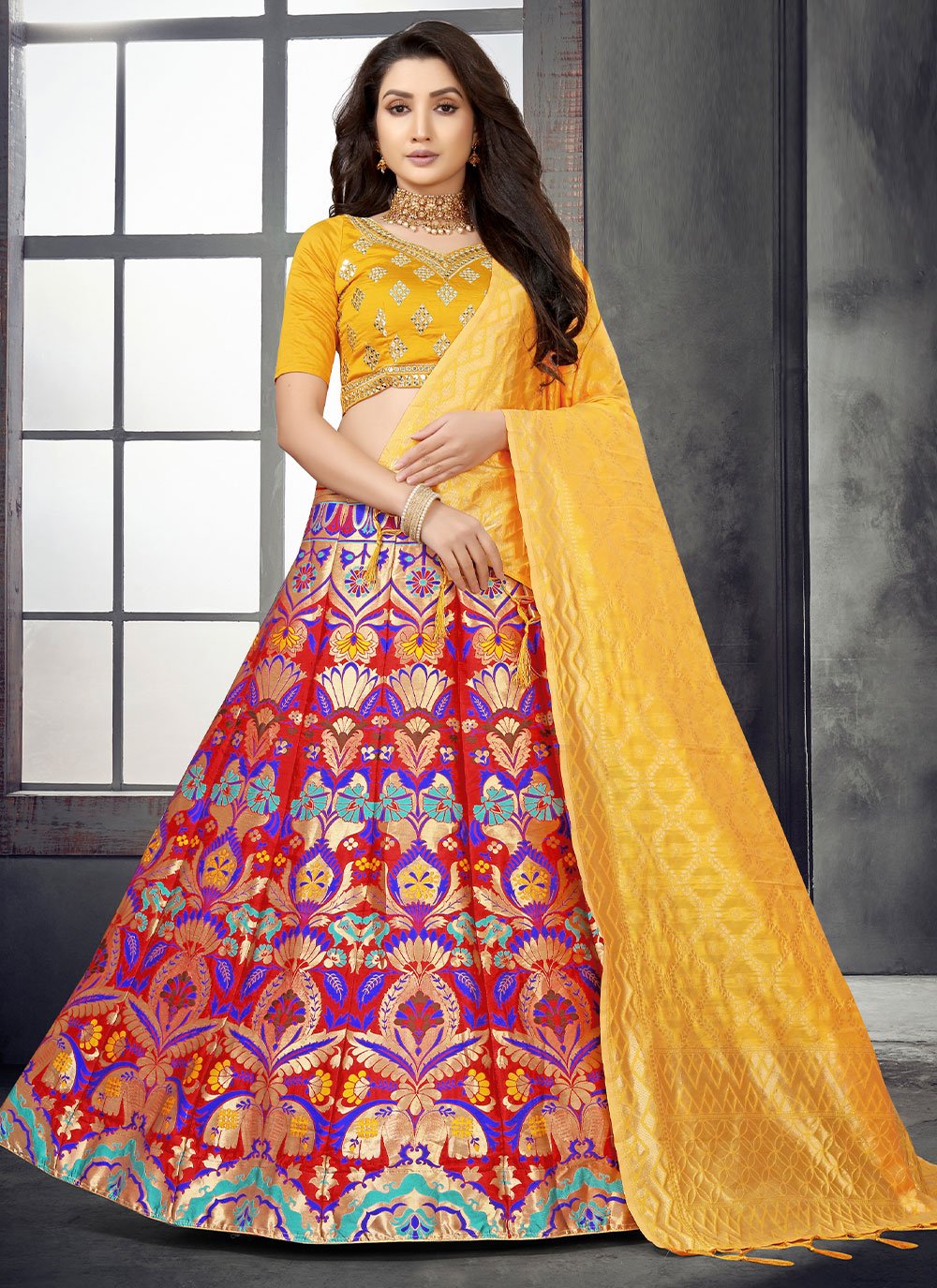 Lehenga Choli Banarasi Silk Red Mirror Lehenga Choli