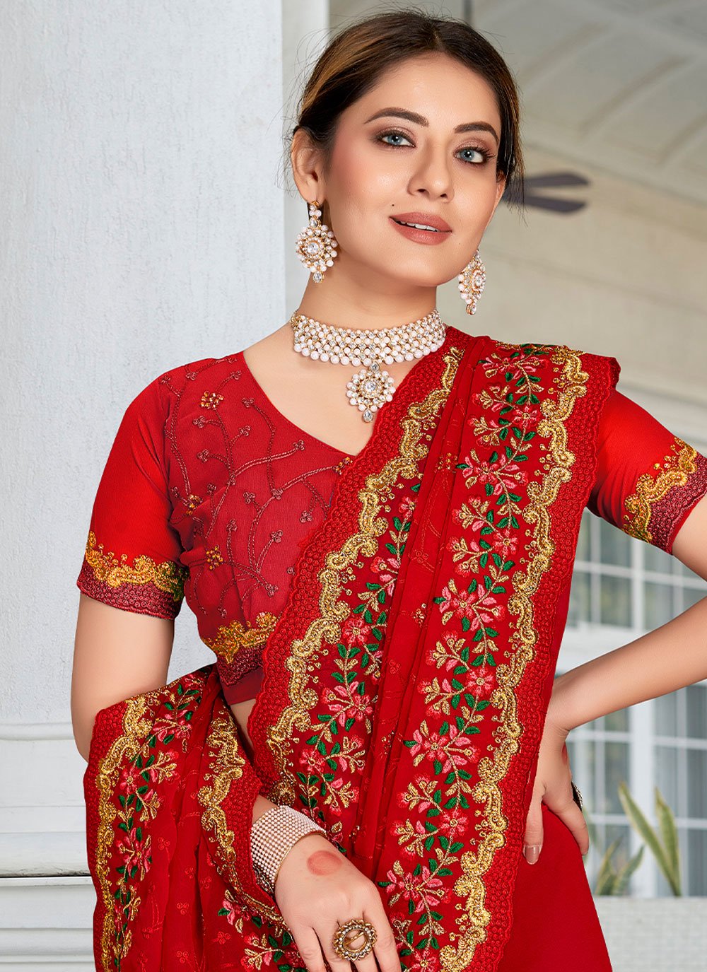 Designer Georgette Red Embroidered Saree