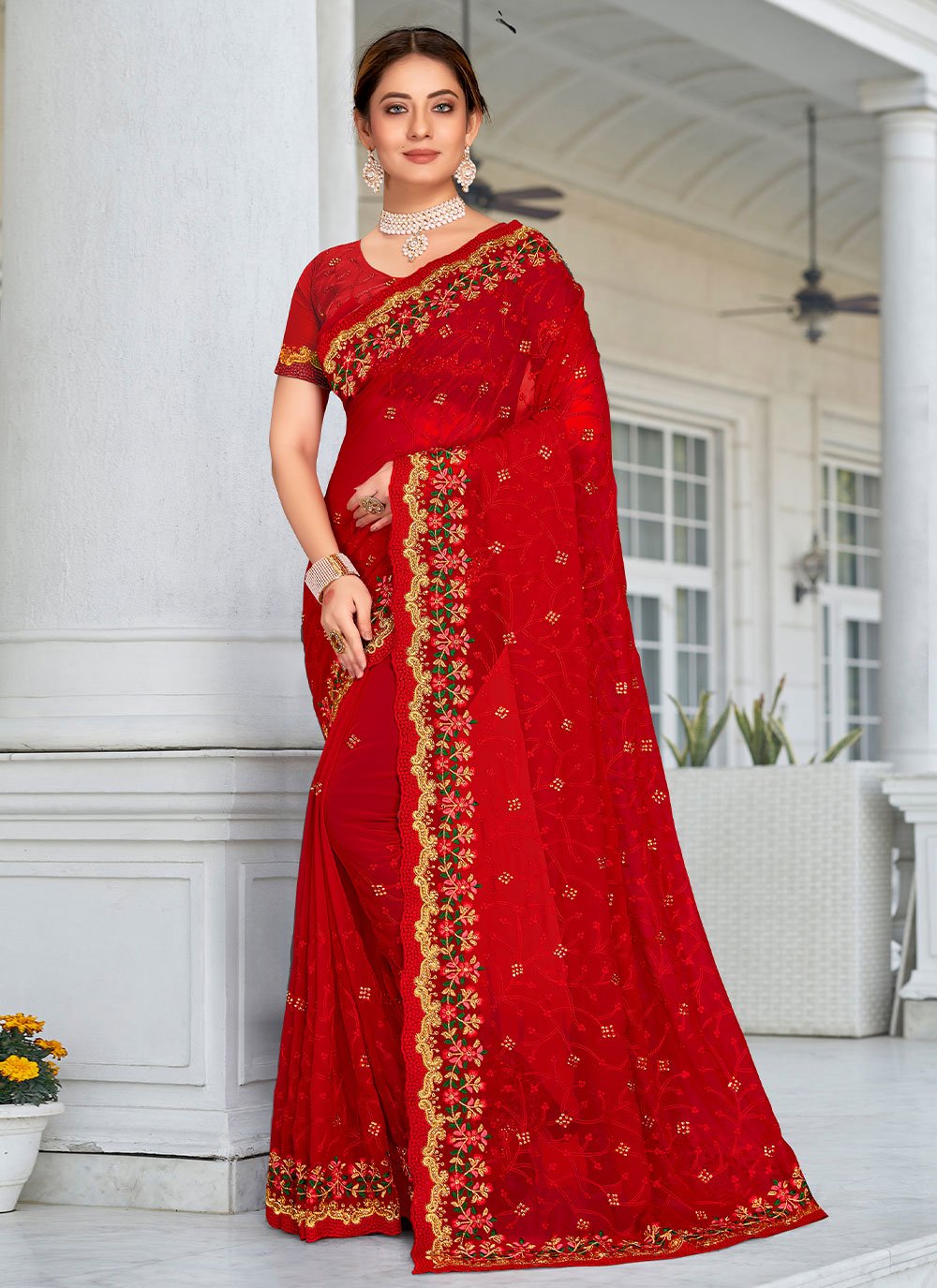 Designer Georgette Red Embroidered Saree