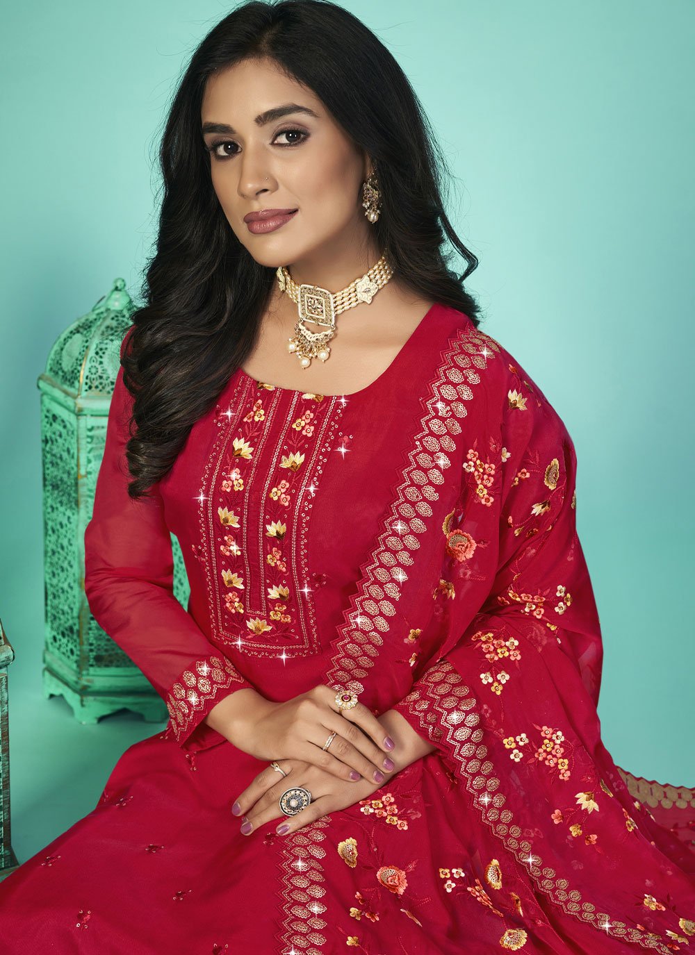 Salwar Suit Organza Red Diamond Salwar Kameez