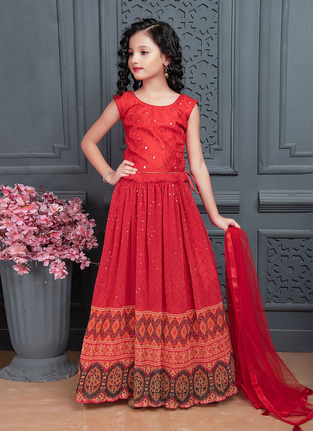 Lehenga Choli Georgette Red Digital Print Kids