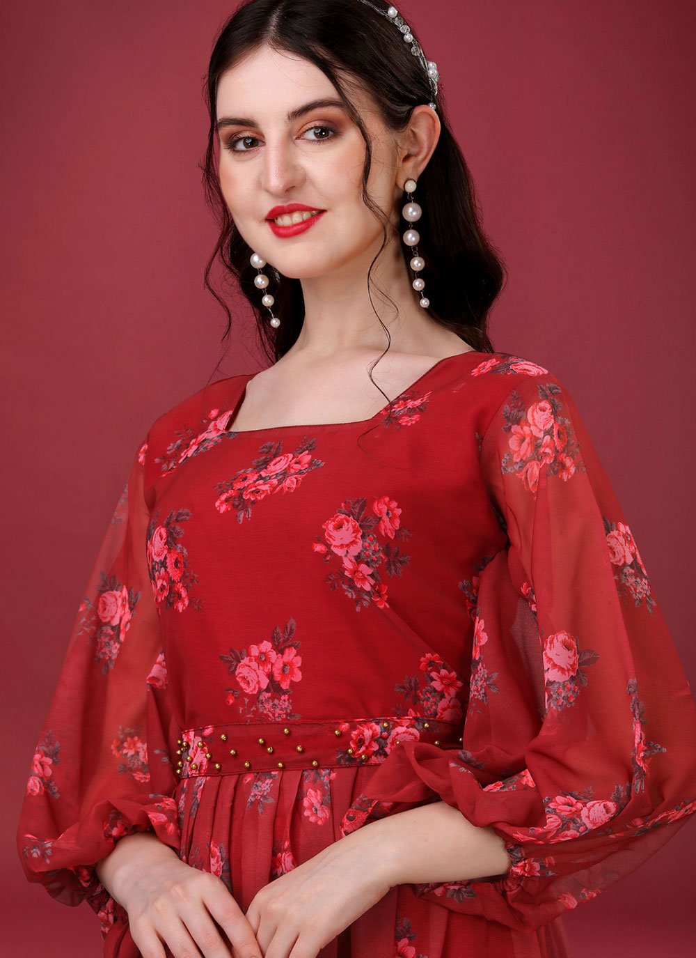 Gown Faux Georgette Red Digital Print Gown