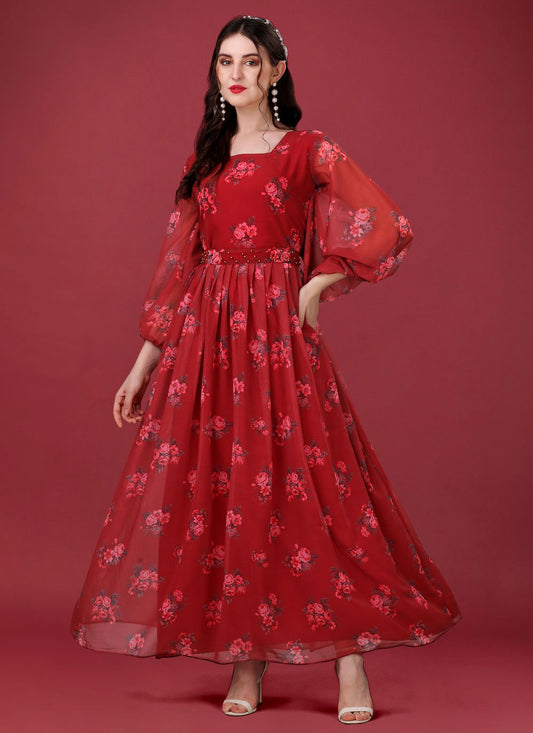 Gown Faux Georgette Red Digital Print Gown