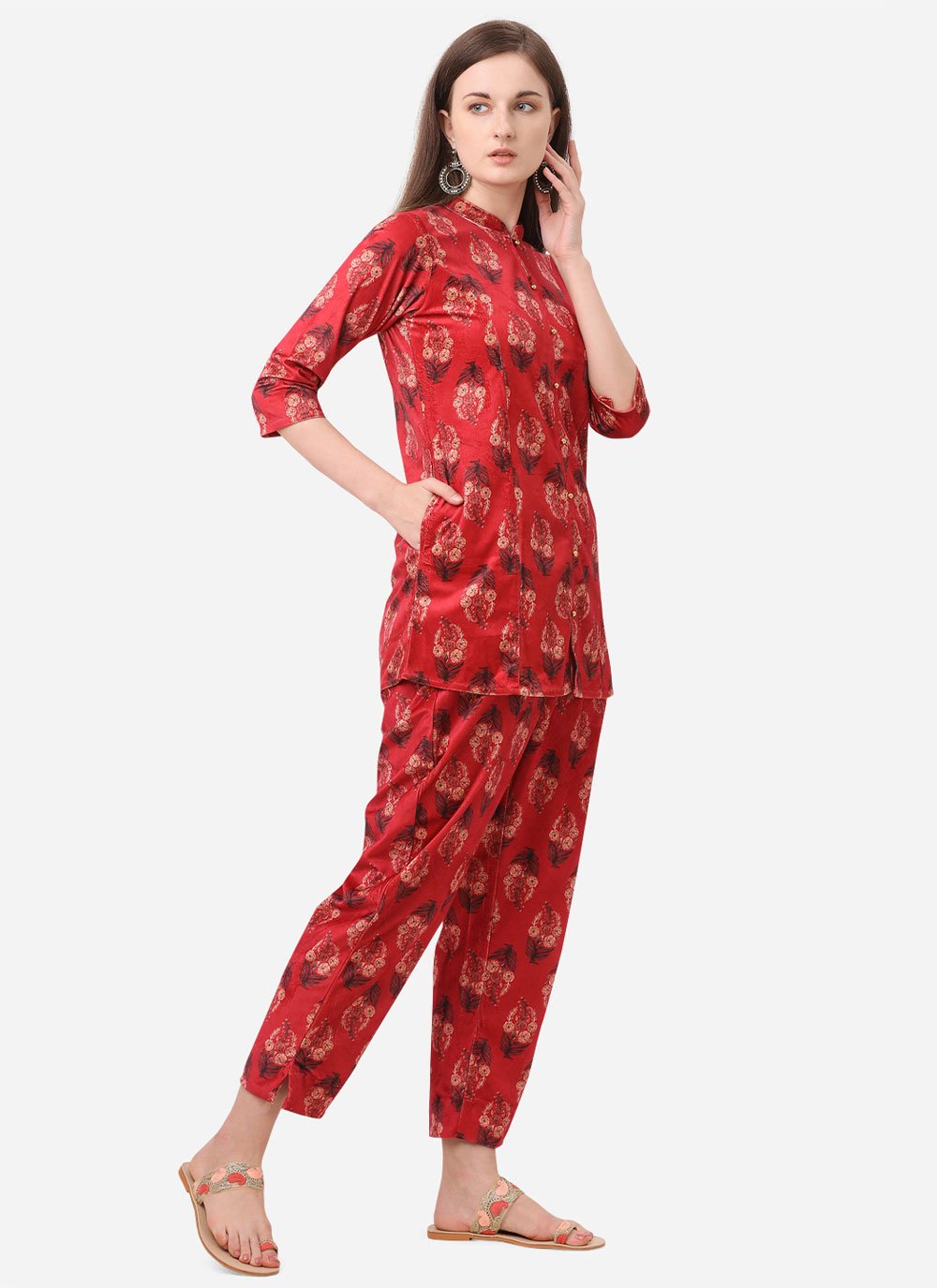 Party Wear Kurti Velvet Red Digital Print Kurtis