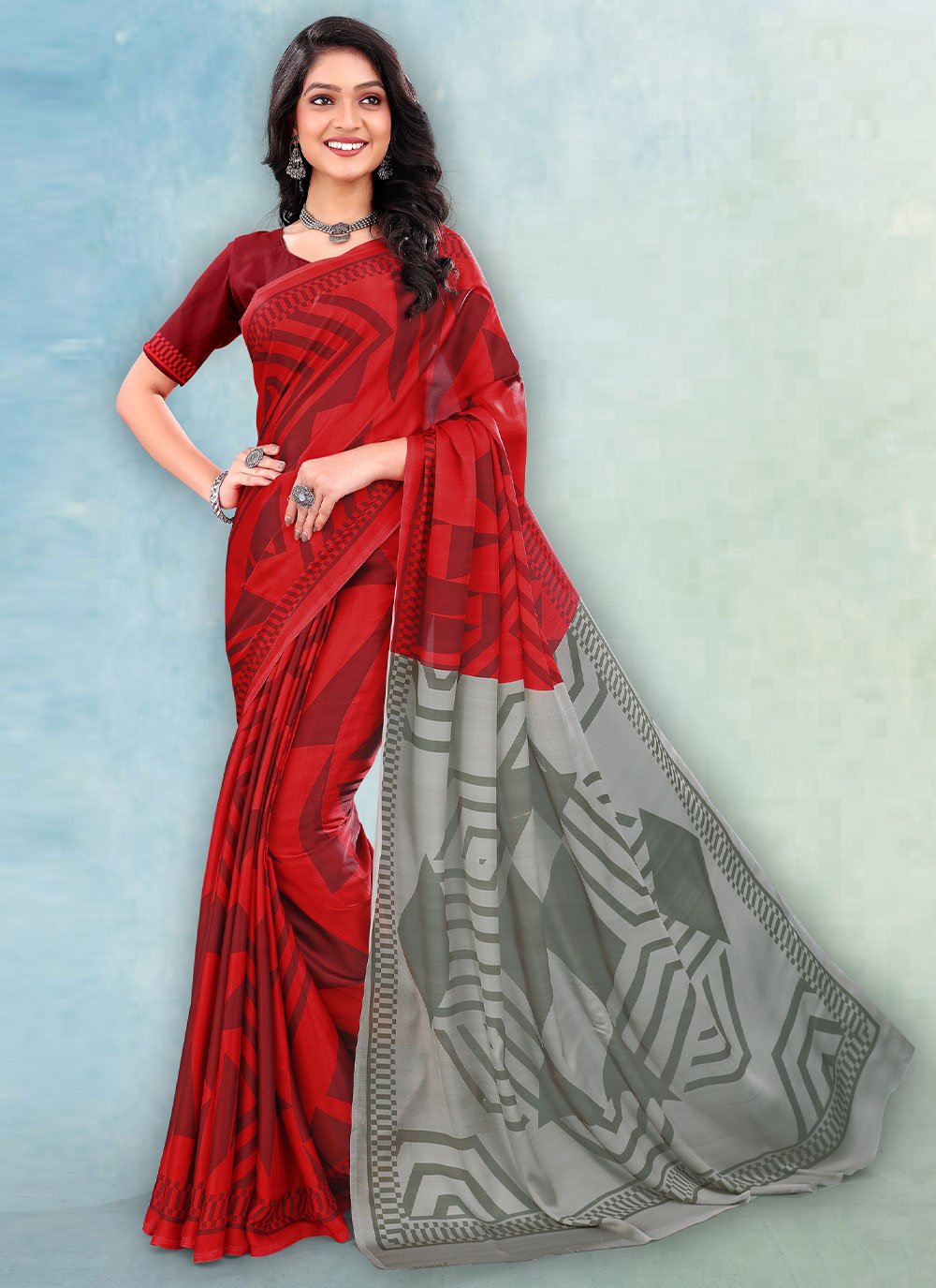 Contemporary Satin Red Digital Print Saree