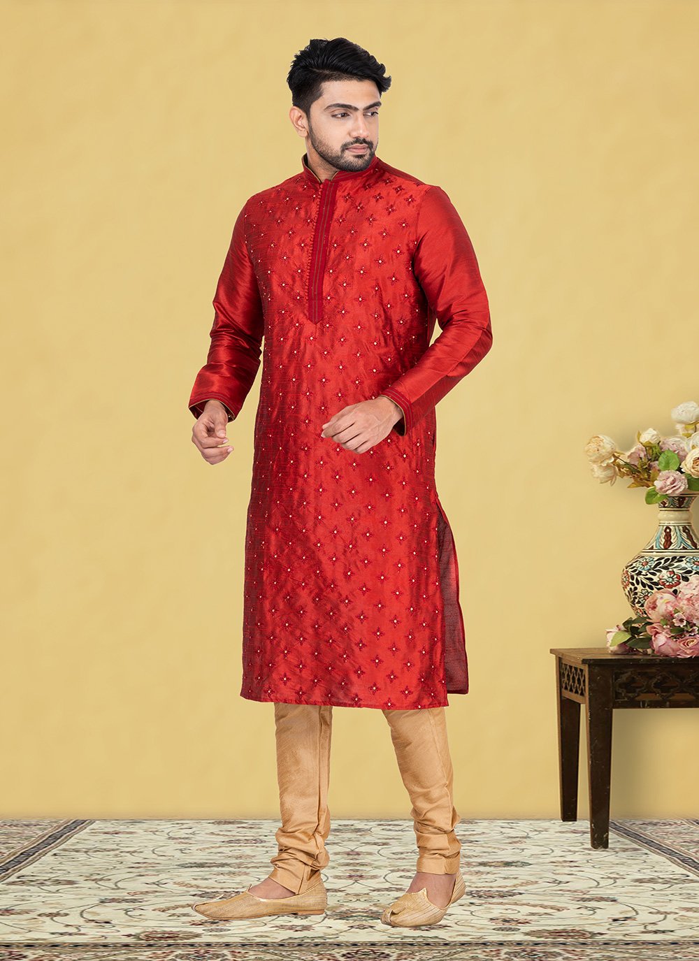 Kurta Pyjama Dupion Silk Red Fancy Work Mens