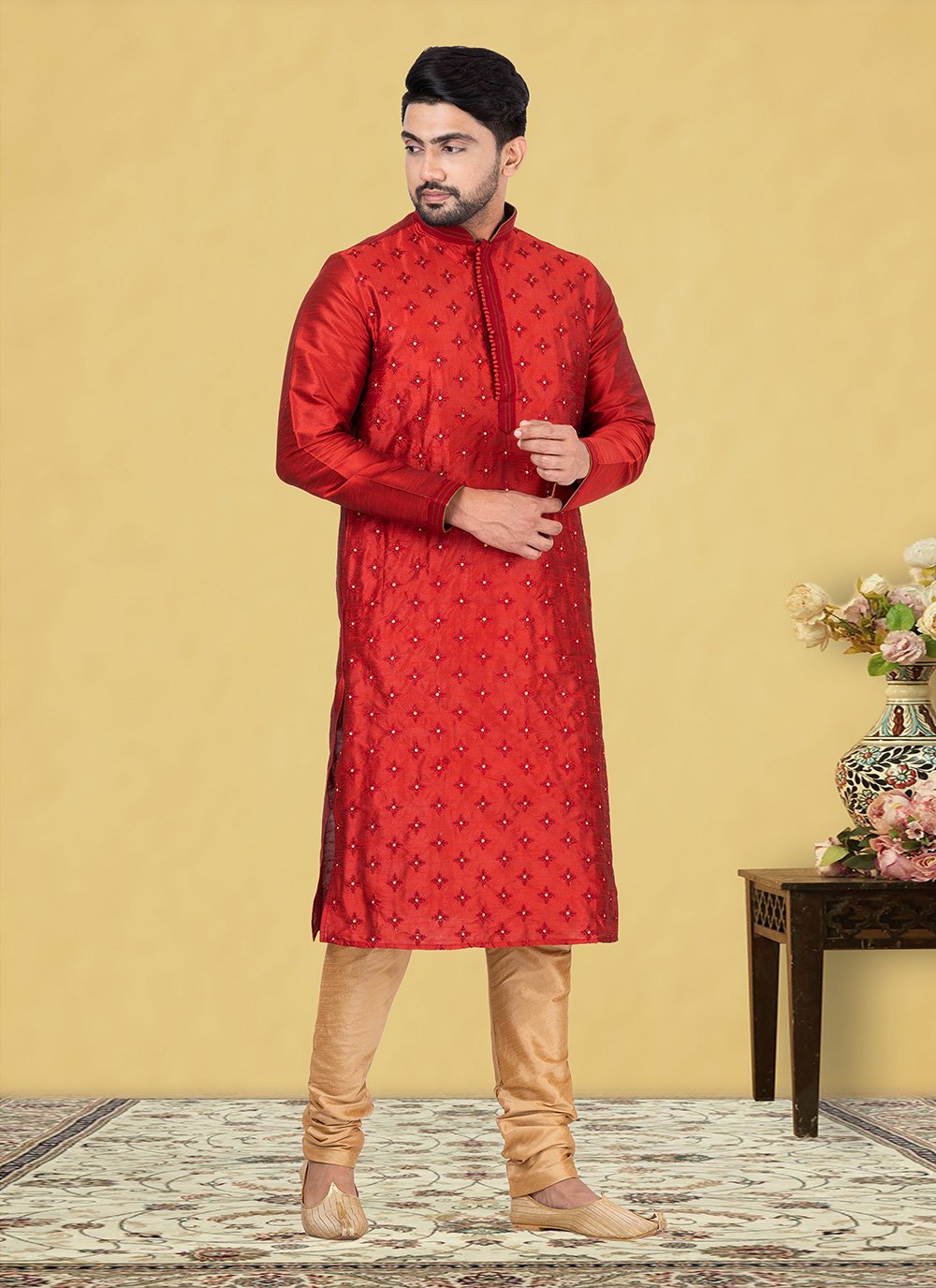 Kurta Pyjama Dupion Silk Red Fancy Work Mens