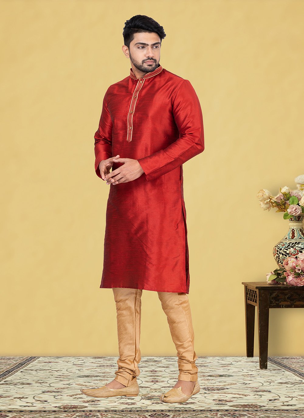 Kurta Pyjama Dupion Silk Red Fancy Work Mens