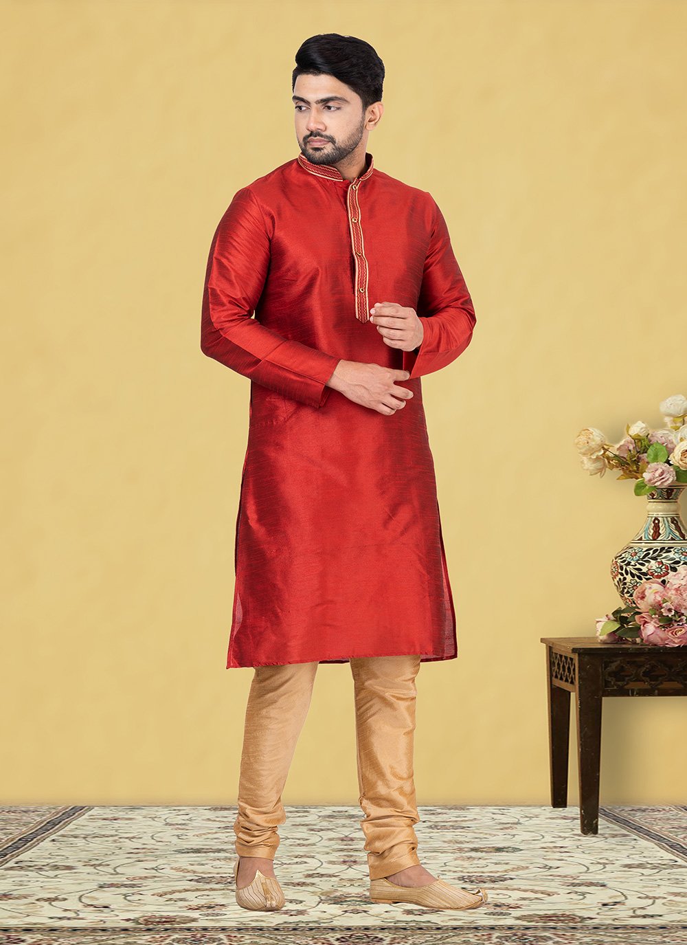 Kurta Pyjama Dupion Silk Red Fancy Work Mens