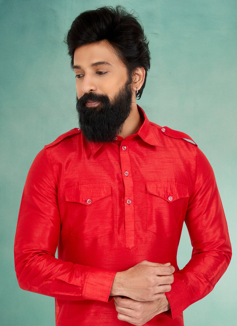 Kurta Pyjama Dupion Silk Red Plain Mens