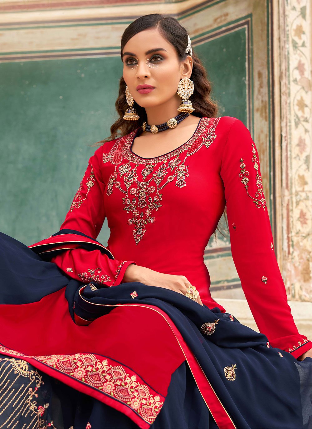 A Line Lehenga Faux Crepe Red Embroidered Lehenga Choli