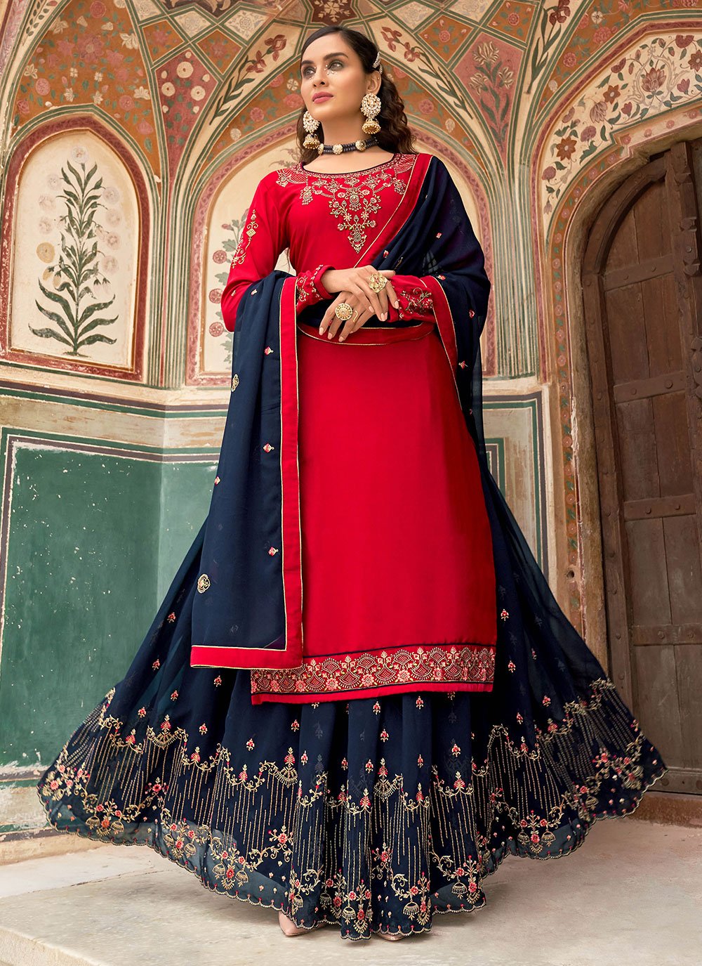 A Line Lehenga Faux Crepe Red Embroidered Lehenga Choli