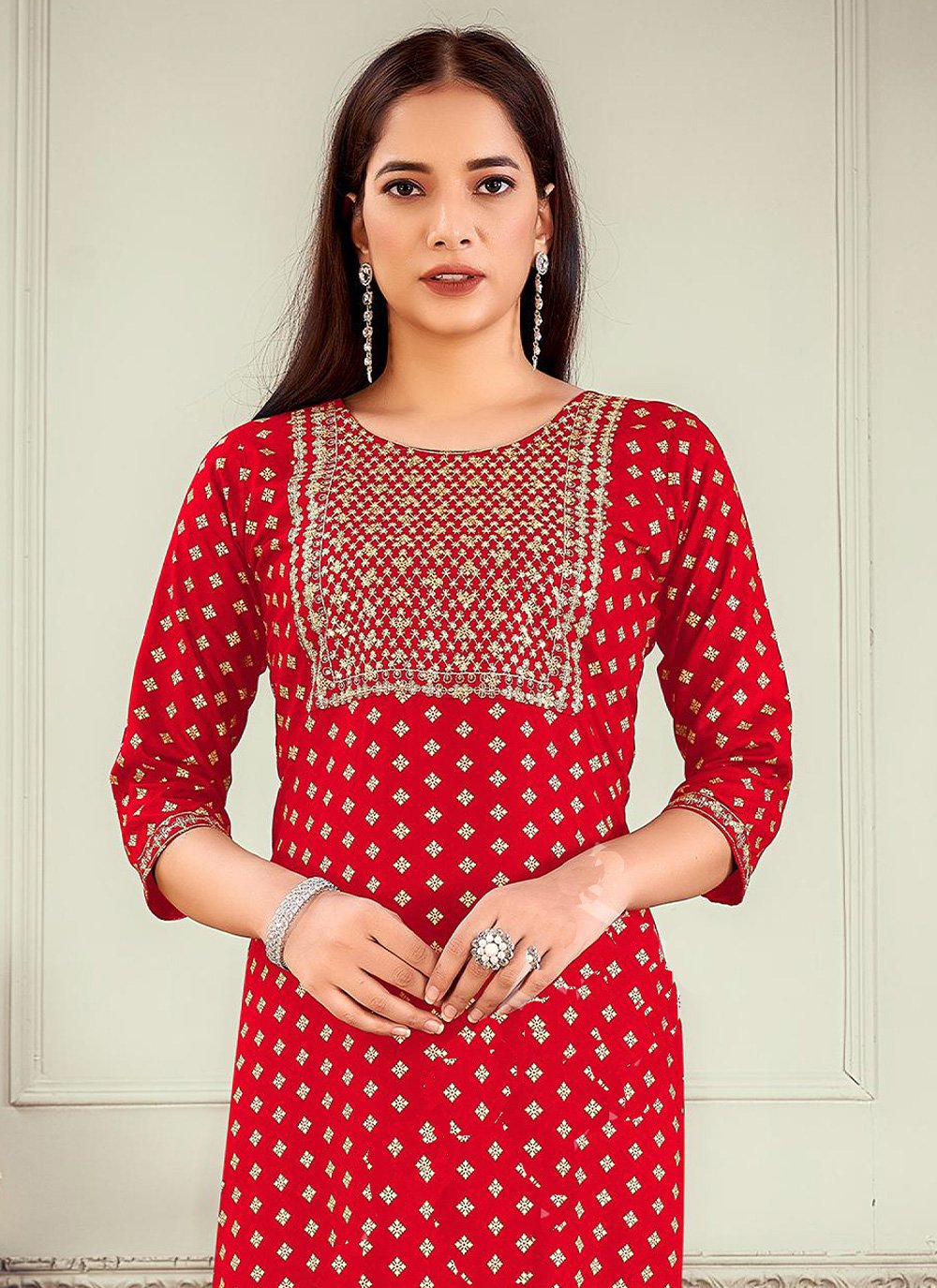 Casual Kurti Rayon Red Embroidered Kurtis