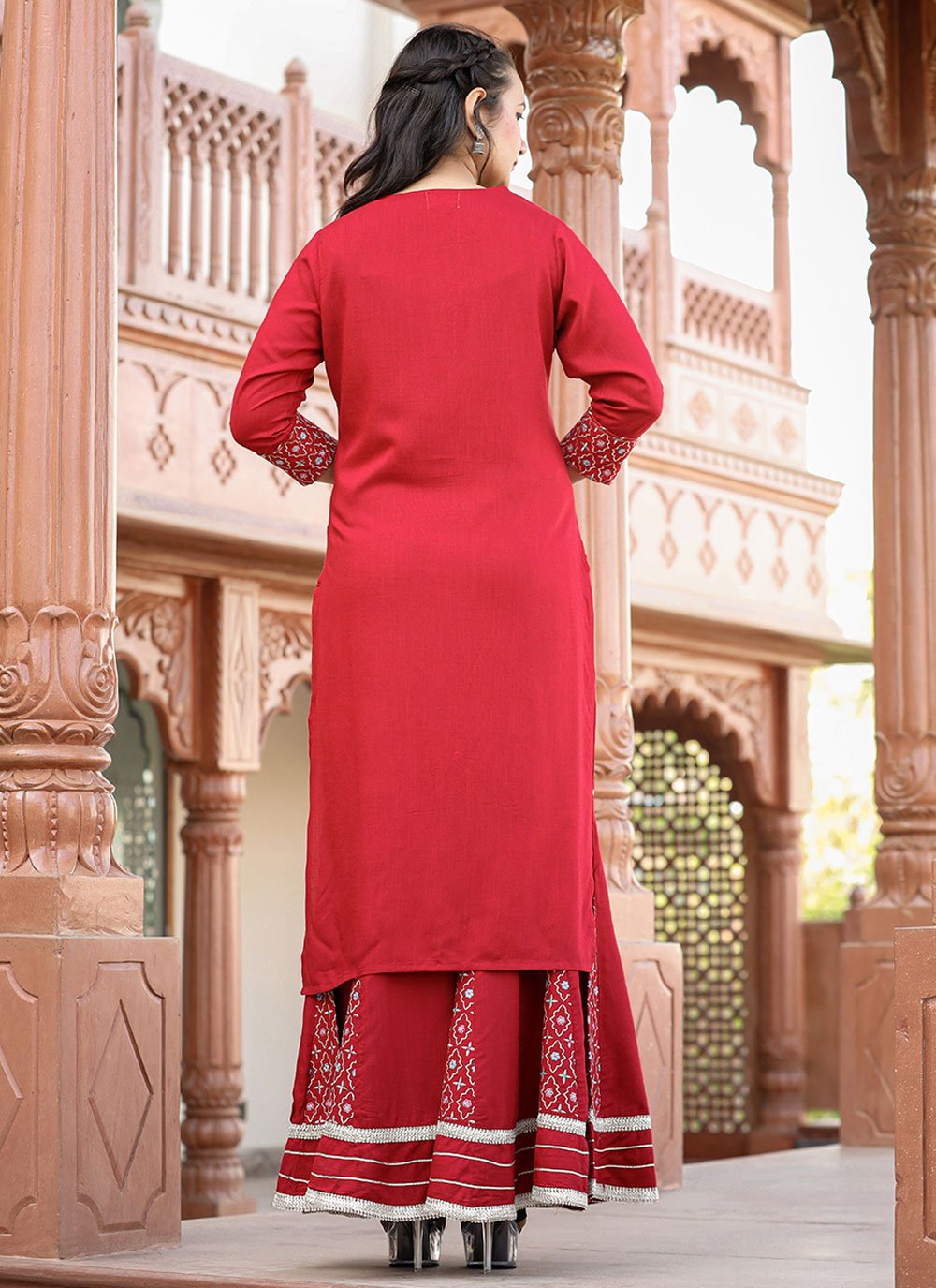 Palazzo Salwar Suit Rayon Red Embroidered Salwar Kameez