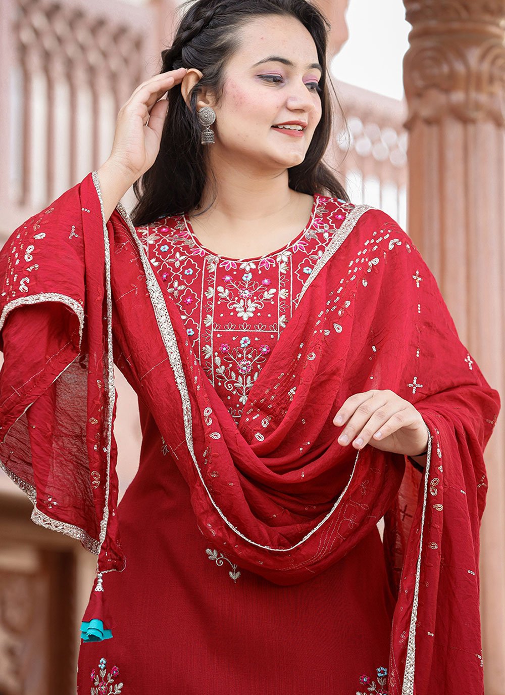 Palazzo Salwar Suit Rayon Red Embroidered Salwar Kameez