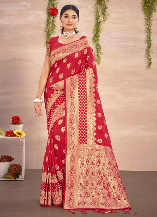 Designer Silk Red Embroidered Saree