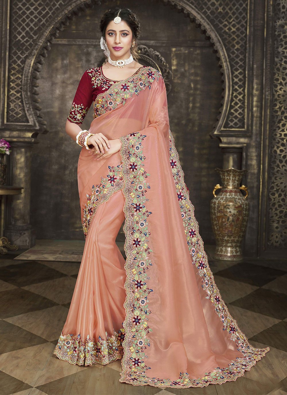 Contemporary Tissue Red Embroidered Saree