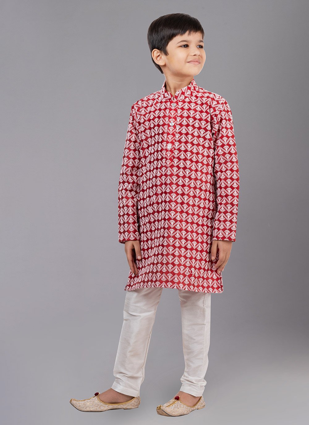 Kurta Pyjama Cotton Silk Red Embroidered Kids