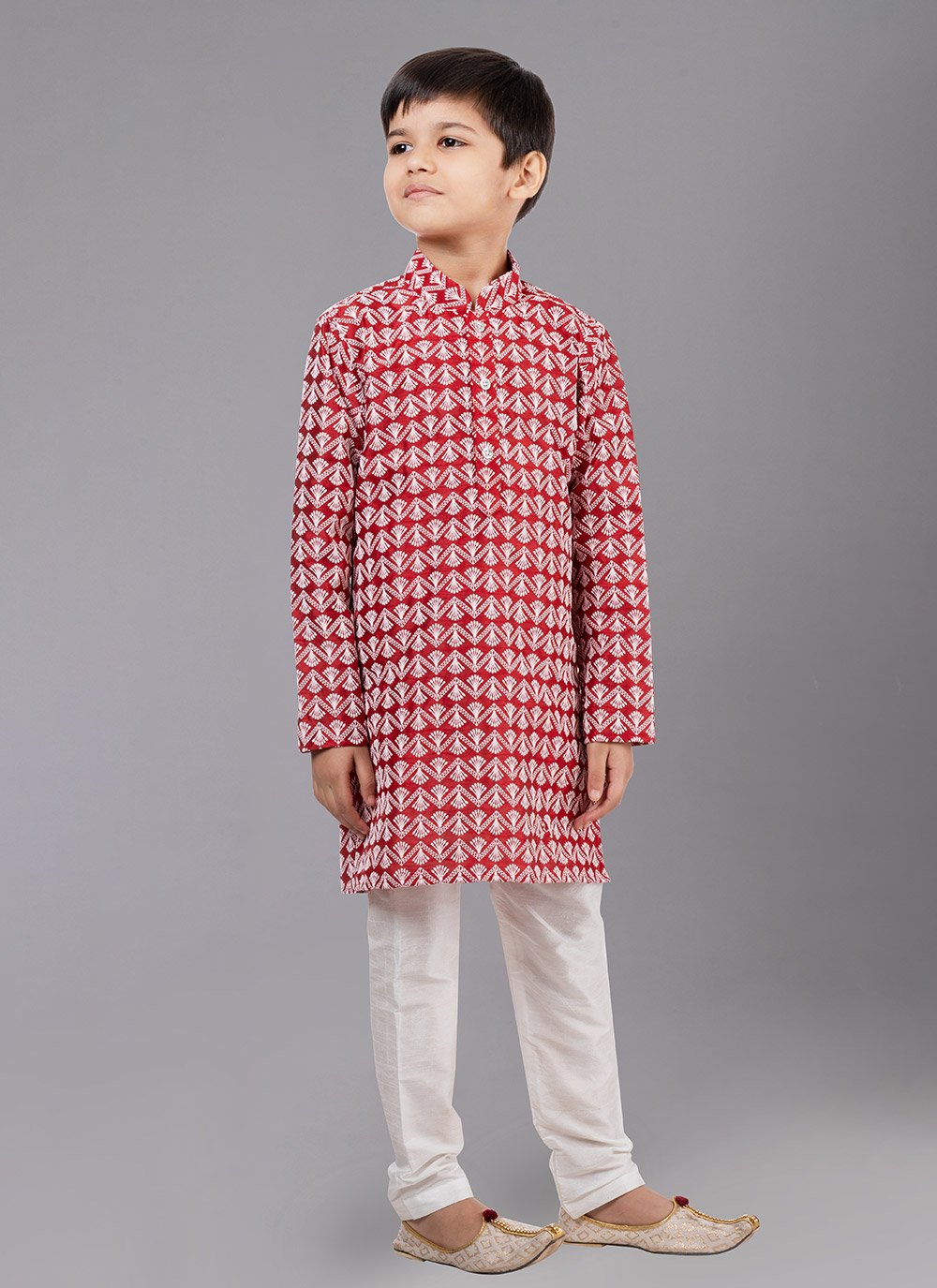 Kurta Pyjama Cotton Silk Red Embroidered Kids