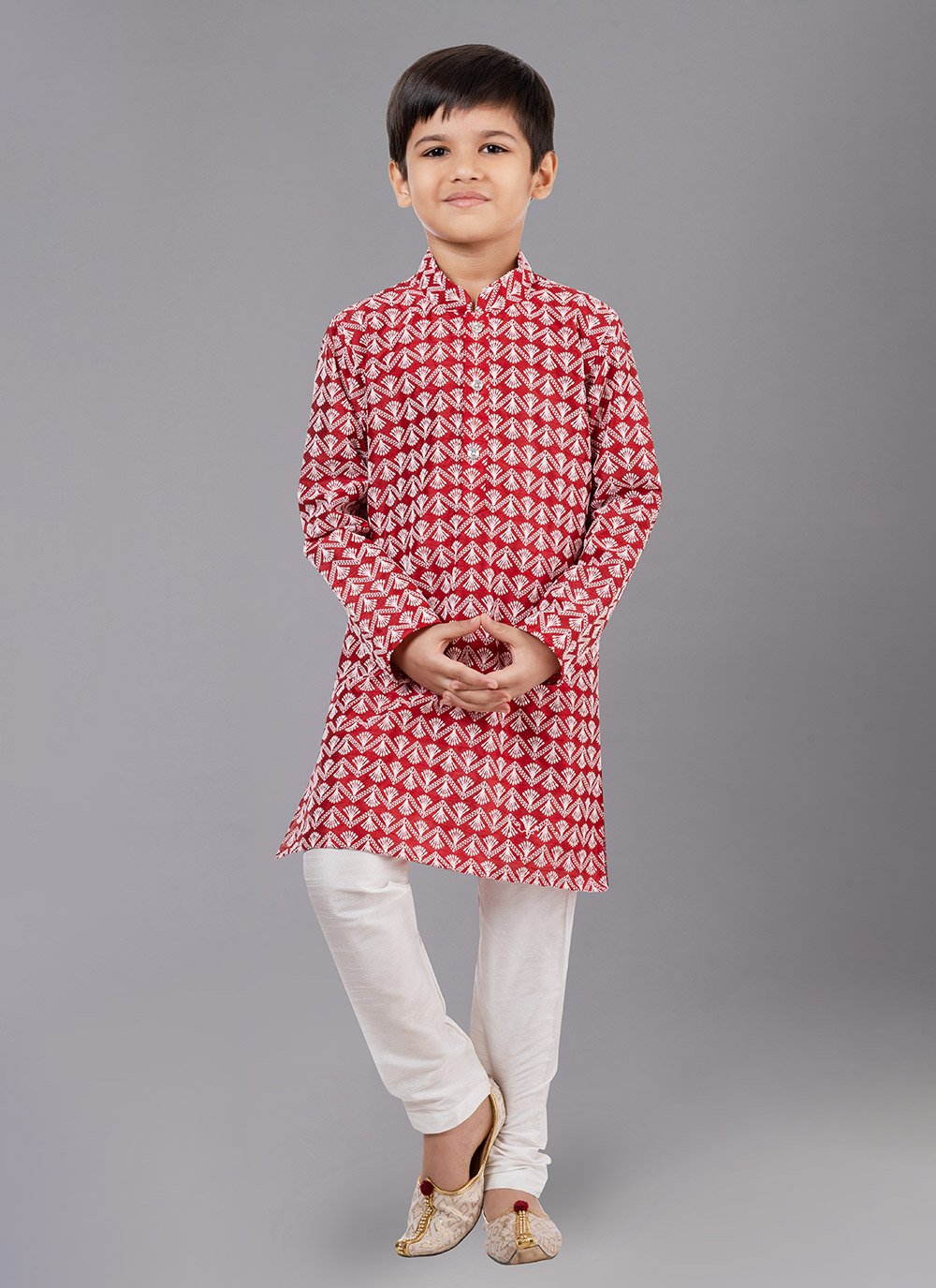 Kurta Pyjama Cotton Silk Red Embroidered Kids