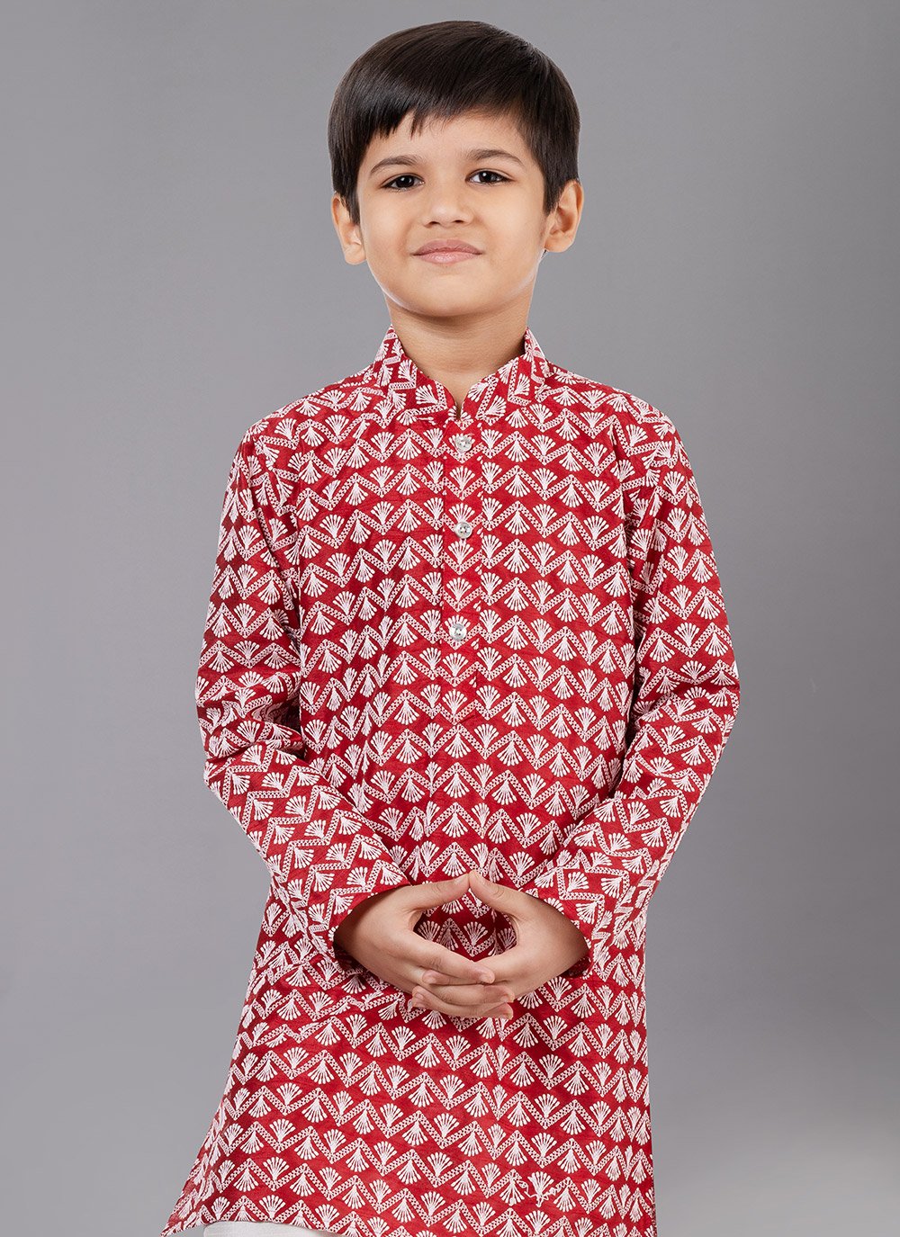 Kurta Pyjama Cotton Silk Red Embroidered Kids