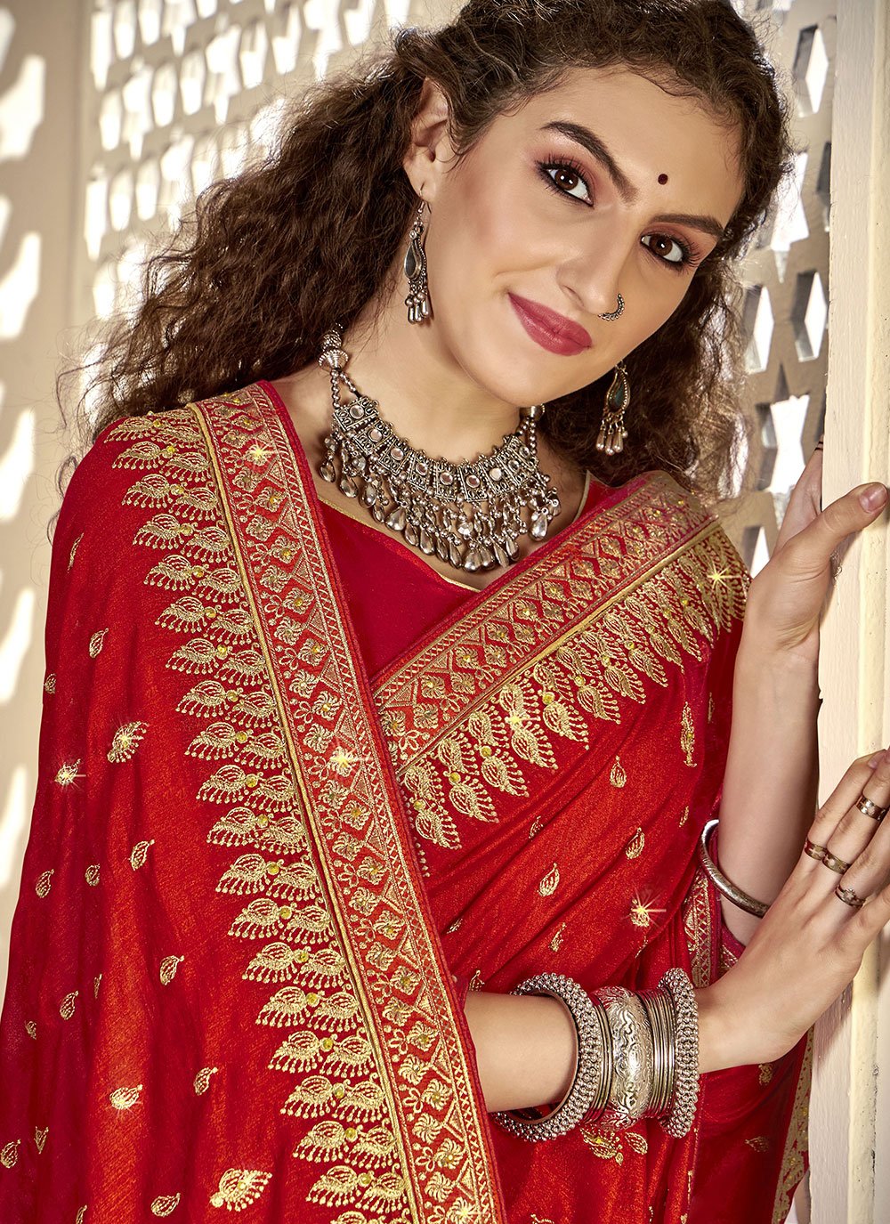 Designer Vichitra Silk Red Diamond Saree