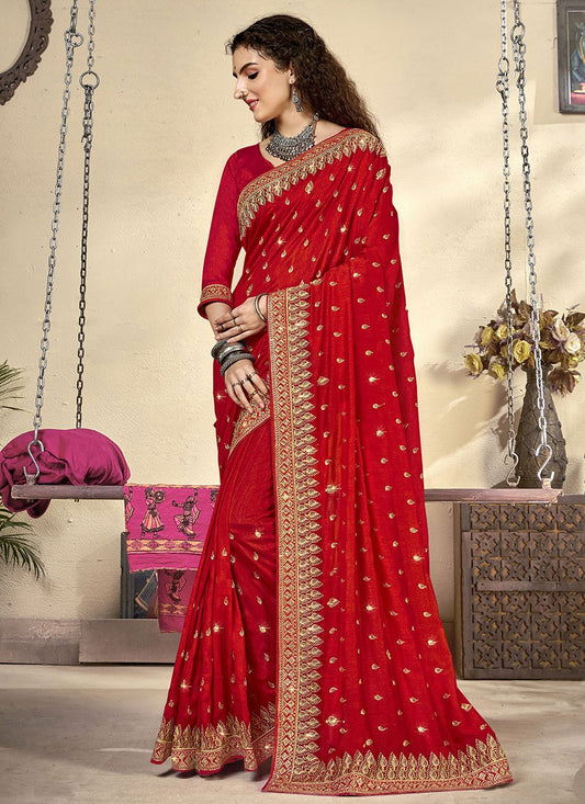 Designer Vichitra Silk Red Diamond Saree