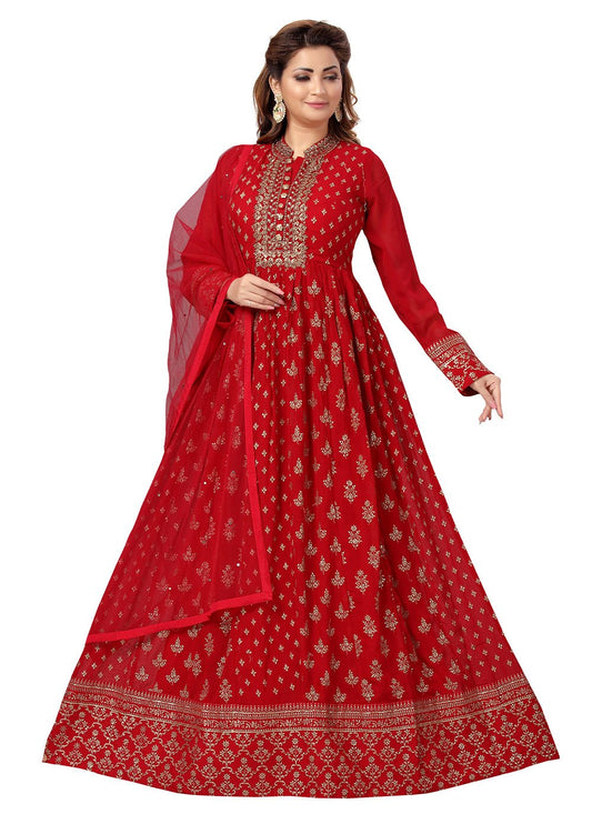 Anarkali Suit Faux Georgette Red Embroidered Salwar Kameez