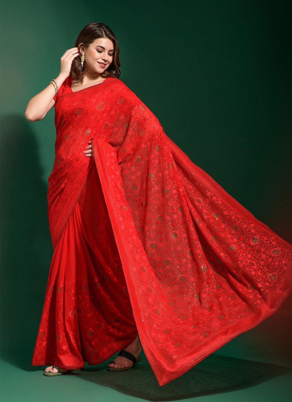 Contemporary Georgette Red Diamond Saree