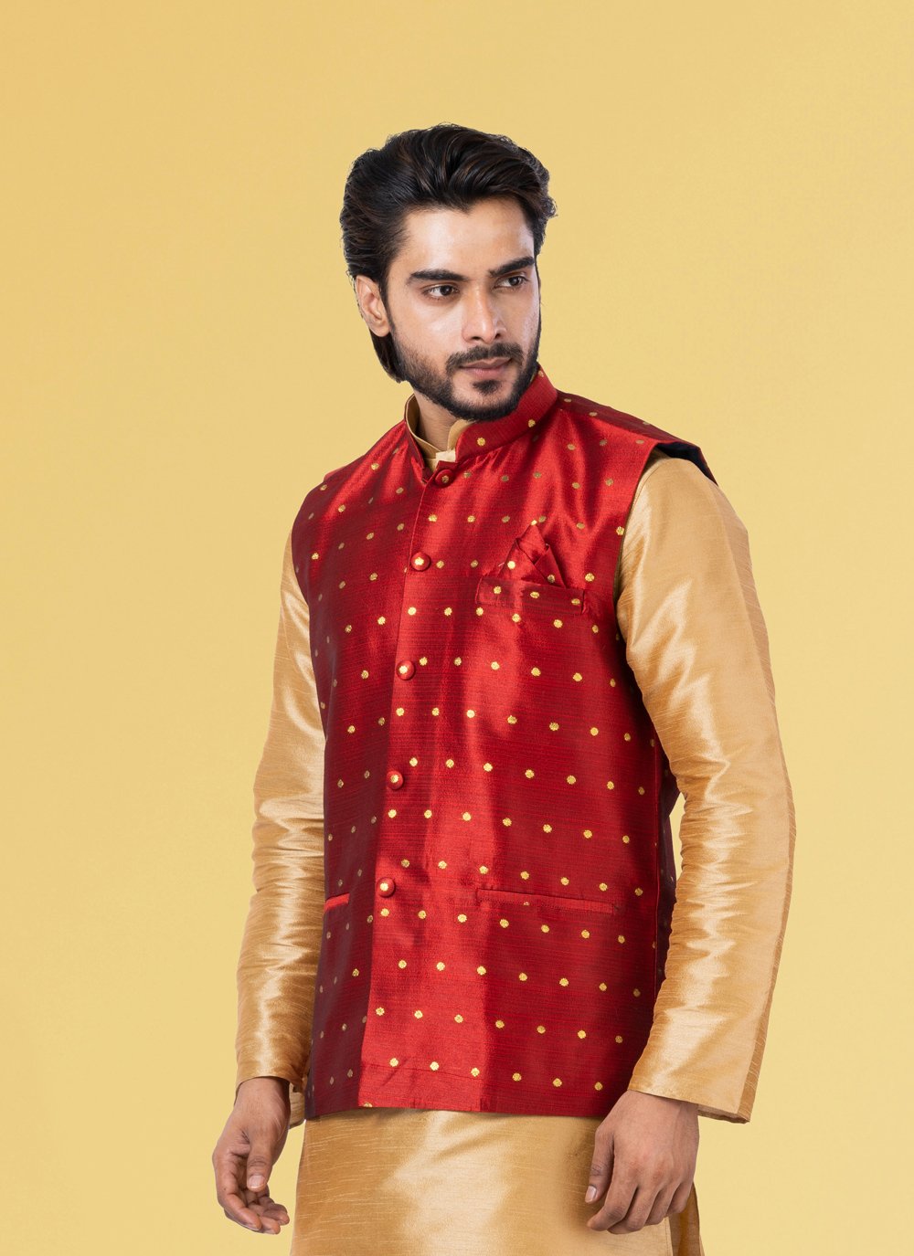 Nehru Jackets Malbari Silk Red Embroidered Mens