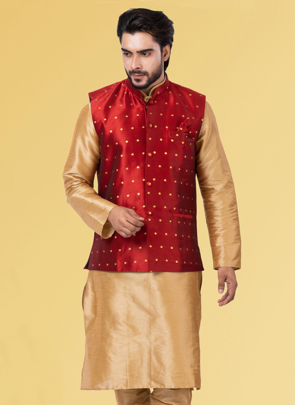 Nehru Jackets Malbari Silk Red Embroidered Mens