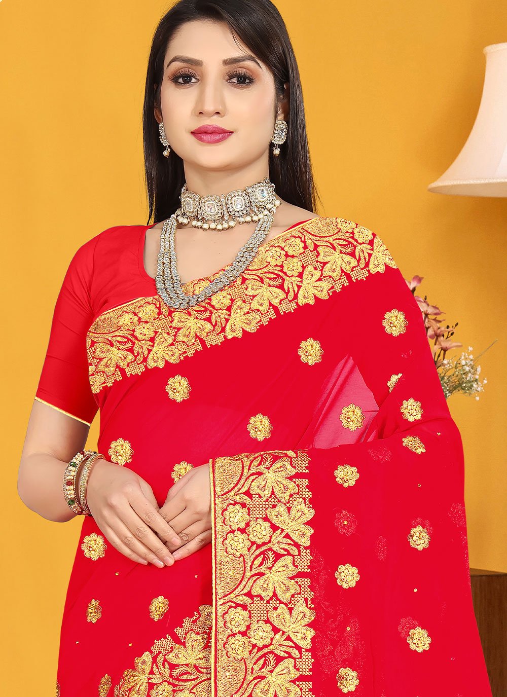 Contemporary Georgette Red Embroidered Saree