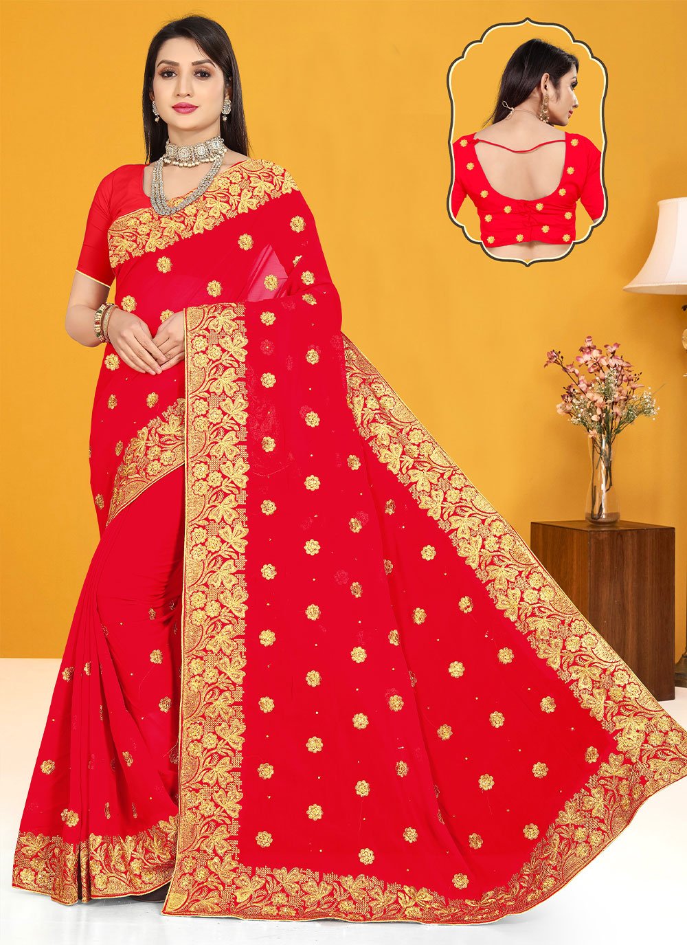 Contemporary Georgette Red Embroidered Saree