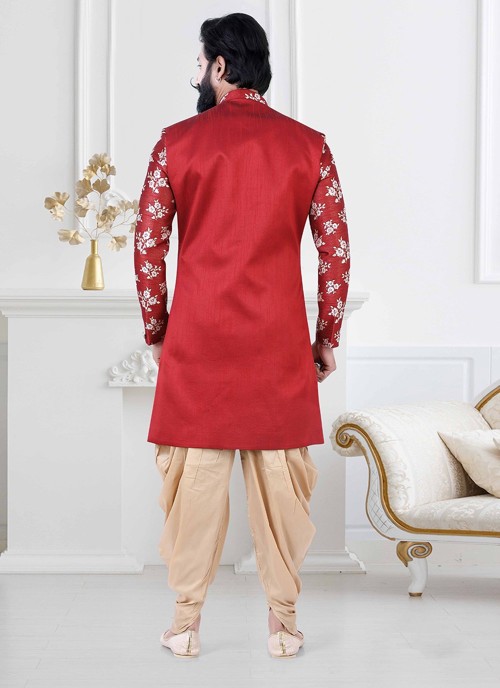 Indo Western Jacquard Silk Red Embroidered Mens