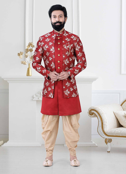 Indo Western Jacquard Silk Red Embroidered Mens