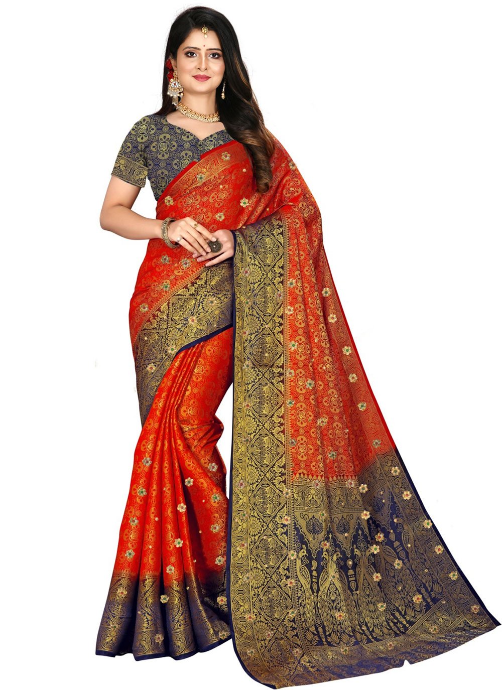 Contemporary Kanjivaram Silk Red Embroidered Saree